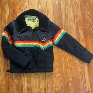 Vintage John Deere Rainbow Stripe Puffer Jacket Black Retro Ski Coat - Fits M